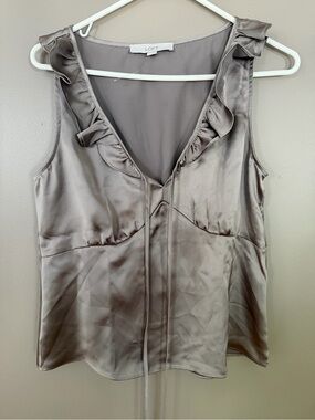 LOFT Taupe Satin Ruffle V-Neck Camisole